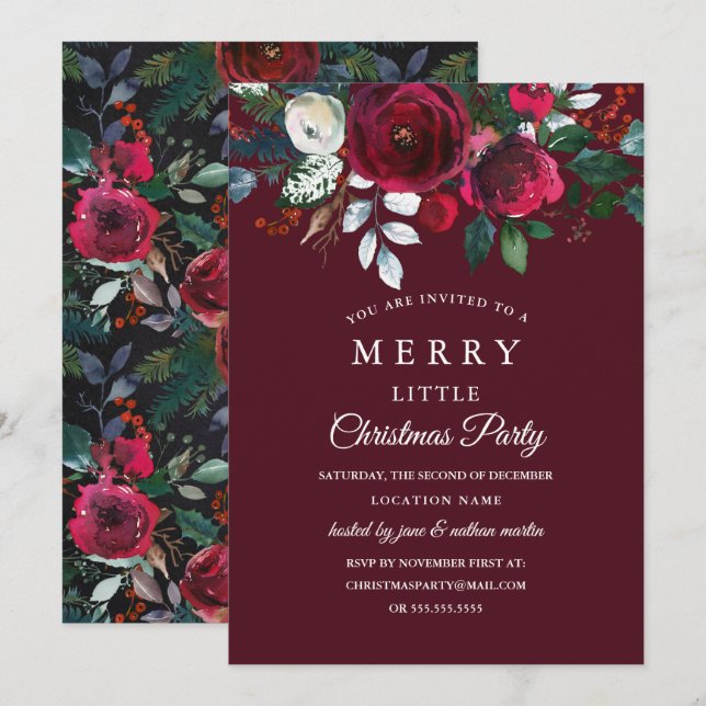 Modern Floral Red Burgundy Christmas Party Invitation (Front/Back)
