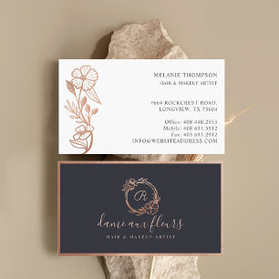 Modern Floral Rose Gold Monogram Wreath Black Business Card