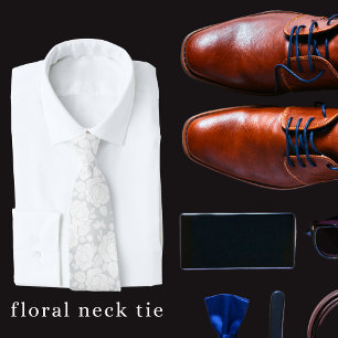 Modern Floral Rose Grey and White Neck Tie