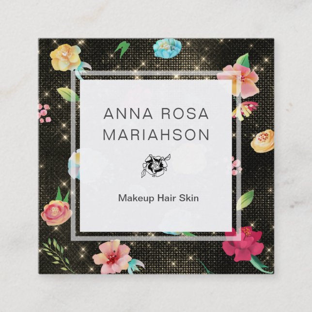 *~* Modern Floral Rose Pattern Gold Sequin Glitter Square Business Card (Front)