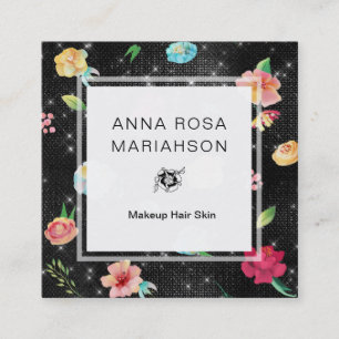 *~* Modern Floral Rose Pattern Silver Glitter Square Business Card