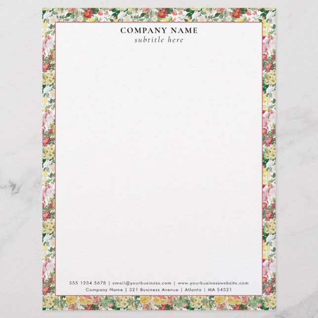 Modern Floral Roses Pattern Company Name Details Letterhead (Front)