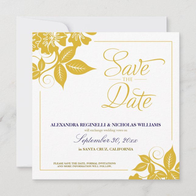 Modern Floral Save the Date Announcement (gold) (Front)