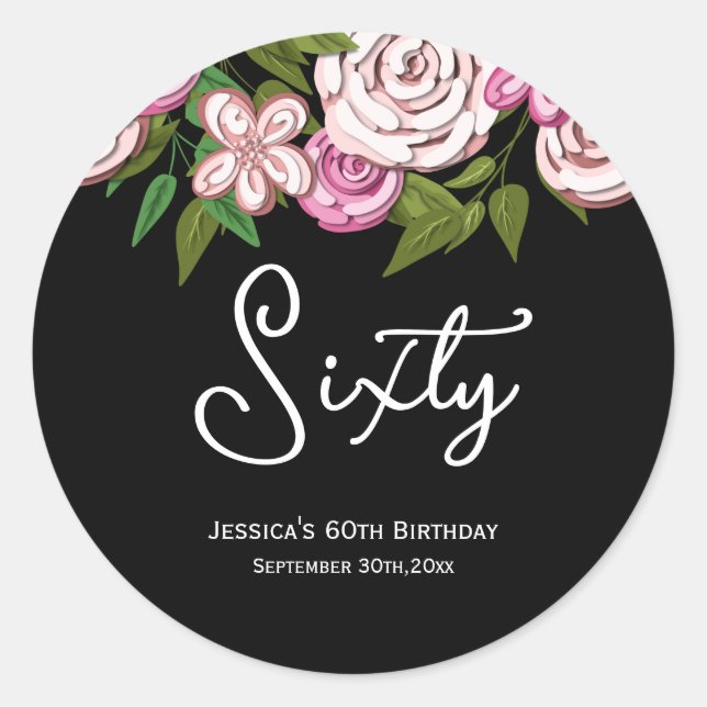 Modern Floral Script 60th Birthday Classic Round Sticker (Front)