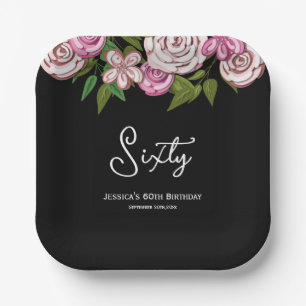 Modern Floral Script 60th Birthday Paper Plate