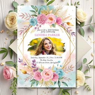 Modern Floral Script Stylish Photo Chic Birthday Invitation
