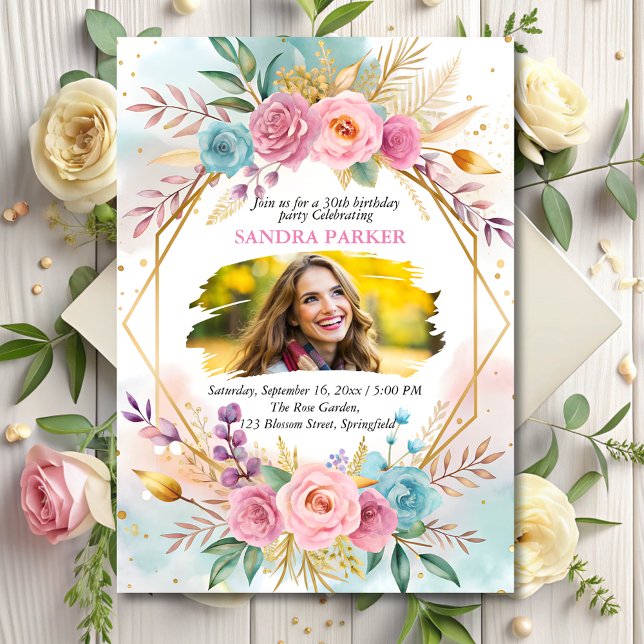  Modern Floral Script Stylish Photo Chic Birthday  Invitation (Creator Uploaded)