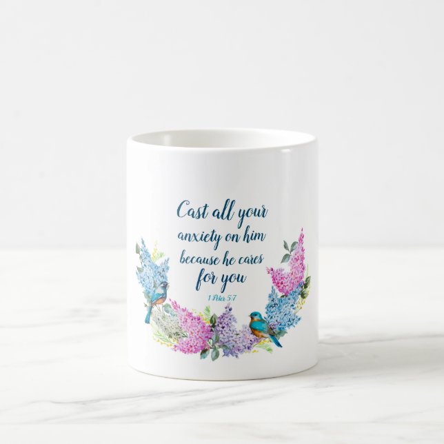 Modern Floral Scripture 1 Peter 5:7 Coffee Mug (Center)