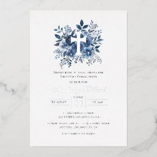 Modern Floral Silver Cross Boys First Communion
