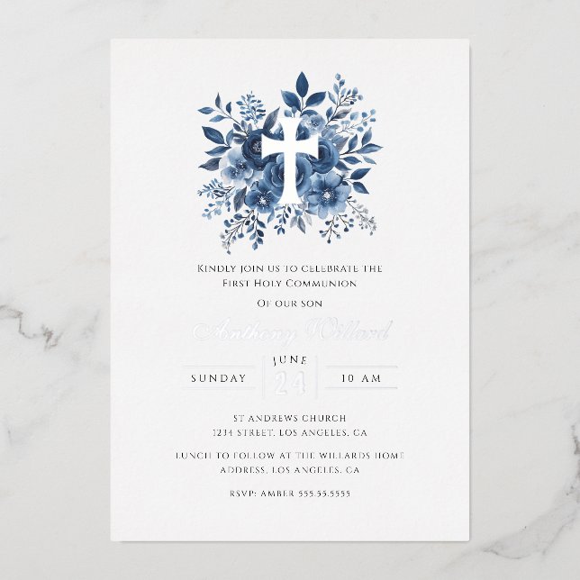Modern Floral Silver Cross Boys First Communion  (Front)