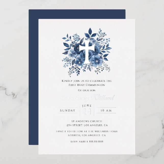 Modern Floral Silver Cross Boys First Communion  (Front/Back)