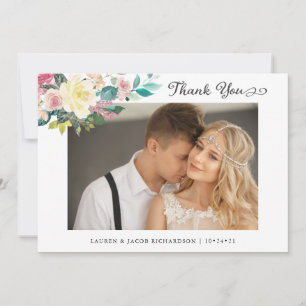 Modern Floral   Simple Two Photo Wedding Thank You Card