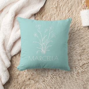 Modern Floral Sketch Custom Name Throw Pillow