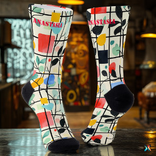 Modern Floral Socks with Geometric Grid Design