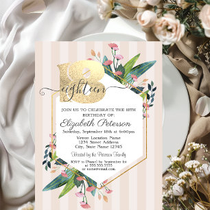 Modern Floral Striped 18th Birthday Invitat Invitation