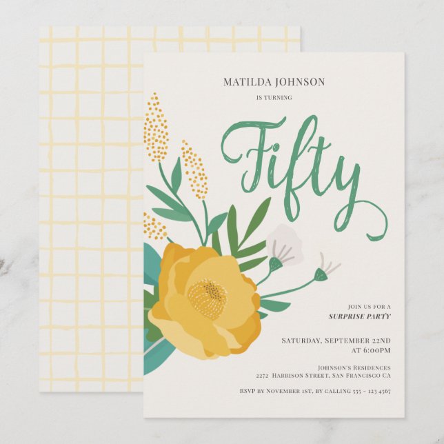 Modern Floral Surprise 50th Birthday Party Invitation (Front/Back)
