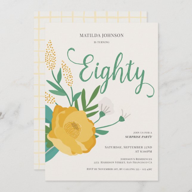 Modern Floral Surprise 80th Birthday Party Invitation (Front/Back)