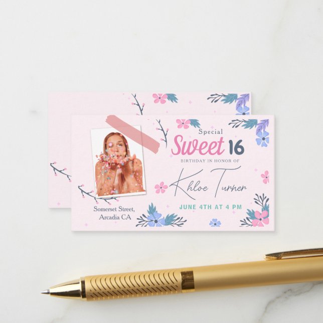 Modern Floral Sweet 16 pink Birthday Enclosure Card (Front/Back In Situ)