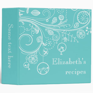 Modern floral swirls & birds aqua recipe binder