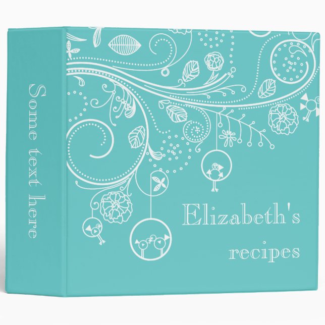 Modern floral swirls & birds aqua recipe binder (Front/Spine)