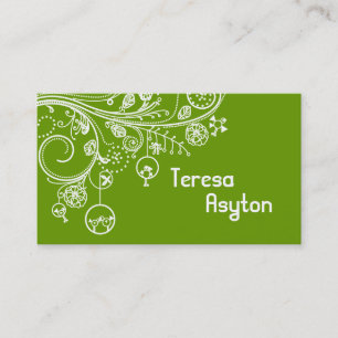 Modern floral swirls & birds green business card