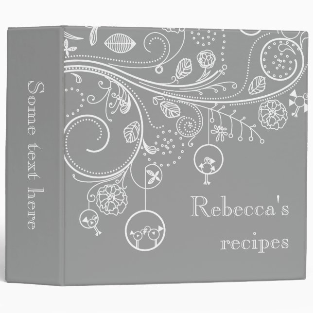 Modern floral swirls & birds grey recipe binder (Front/Spine)