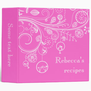 Modern floral swirls & birds hot pink recipe binder