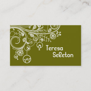 Modern floral swirls & birds olive green business card