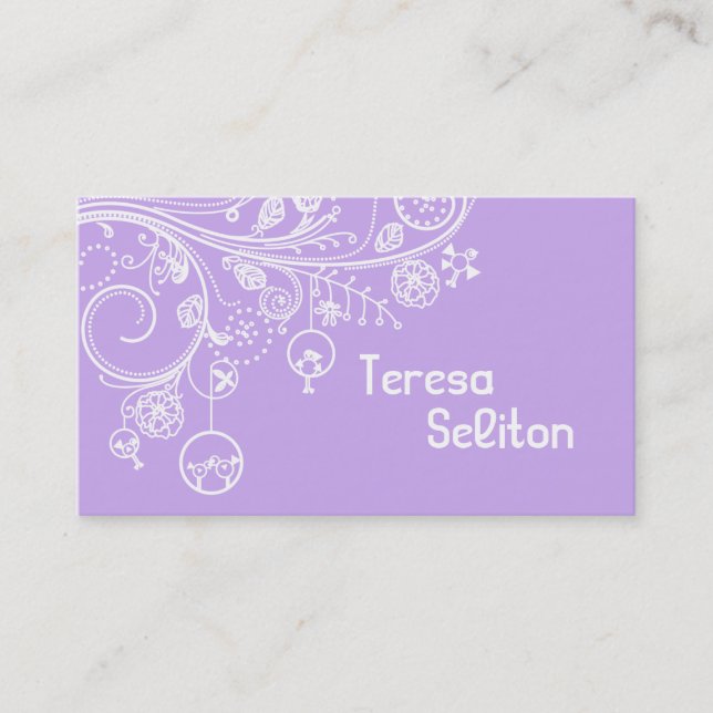 Modern floral swirls & birds purple business card (Front)