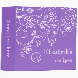 Modern floral swirls & birds purple recipe binder