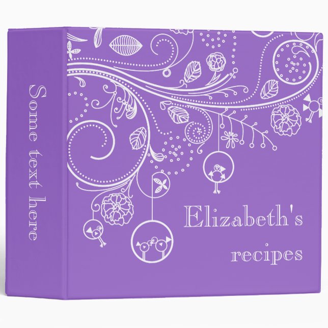 Modern floral swirls & birds purple recipe binder (Front/Spine)