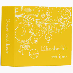 Modern floral swirls & birds yellow recipe binder
