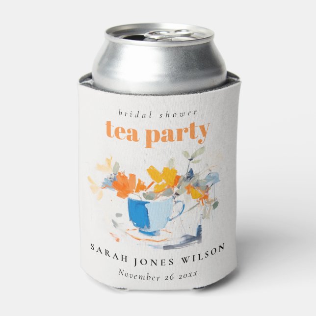 Modern Floral Tea Cup Bridal Shower Tea Party  Can Cooler (Can Front)