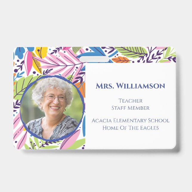 Modern Floral Teacher Educator Staff Photo ID Badge (Front)