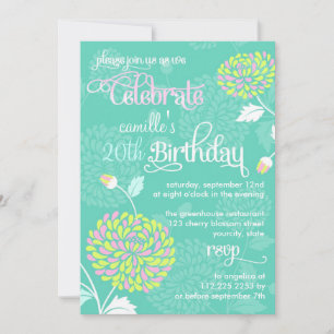 Modern Floral Teal & Pink Fancy Birthday Party Invitation