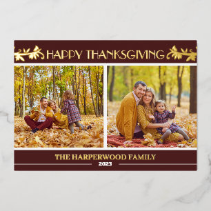 Modern Floral Thanksgiving Family photo Collage Foil Holiday Card