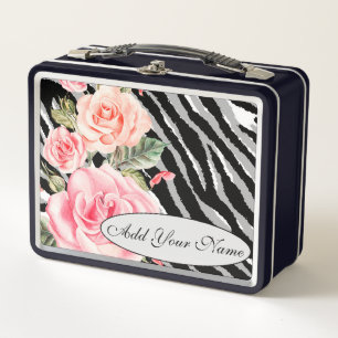 Modern Floral Tiger Add Your Text Metal Lunch Box