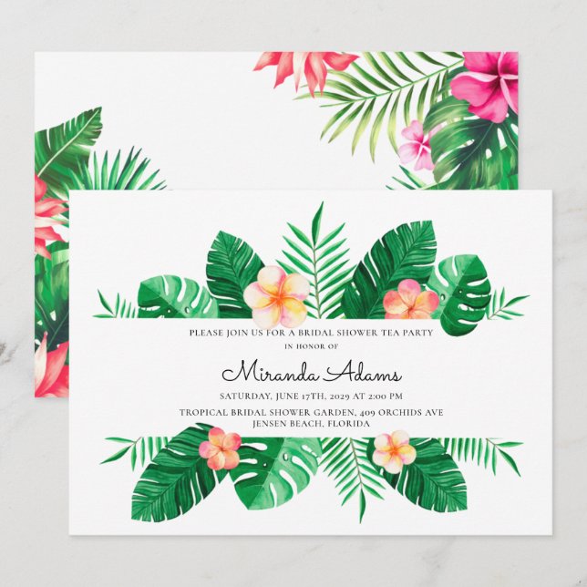 Modern Floral Tropical Palm Leaves Bridal Shower Invitation (Front/Back)