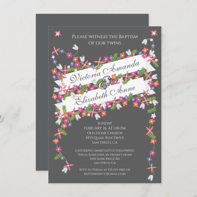 Modern Floral Twins Baptism Invitations (Front/Back)