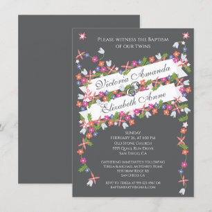 Modern Floral Twins Baptism Invitations