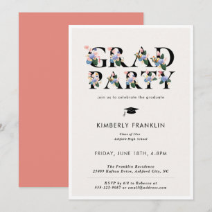 Modern Floral Typography GRAD PARTY Invitation