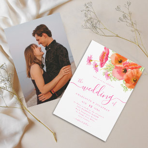 Modern Floral Vibrant Pink Orange Photo Wedding Invitation