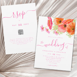 Modern Floral Vibrant Pink Orange Wedding Qr Code Invitation