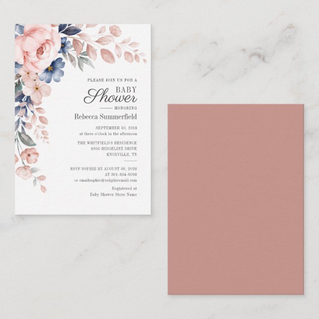 Modern Floral Watercolor Blue Pink Baby Shower Card (Front/Back)