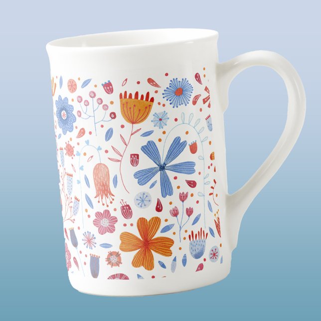 Modern Floral Watercolor Bone China Mug (Modern watercolor floral blue, orange and white pattern bone china mug)