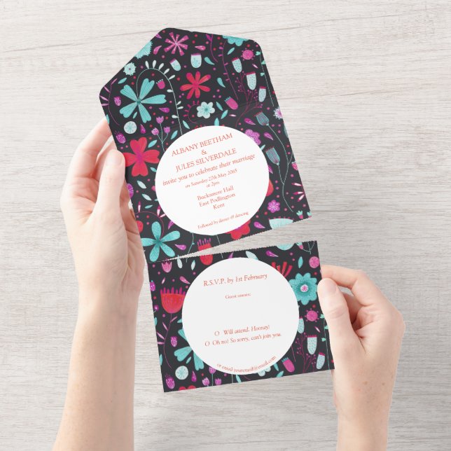 Modern Floral Watercolor Dark All In One Invitation (Tearaway)