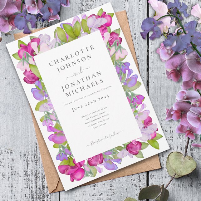 Modern Floral Watercolor Elegant Wedding Invitation (Elegant floral pink purple wedding invitation watercolor garden sweetpea)