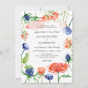 Modern Floral Watercolor Fall Orange Mum Thistle Invitation