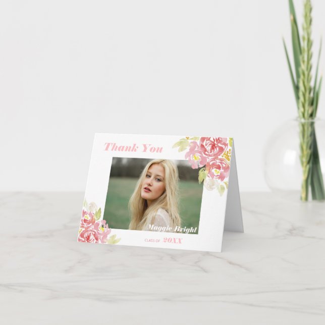 Modern Floral Watercolor Grad Thank You Blush Card (Front)