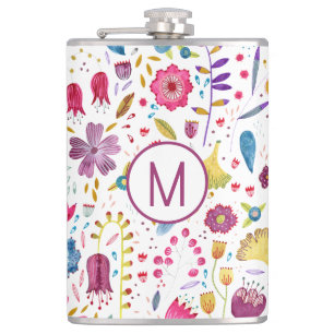 Modern Floral Watercolor Monogram Hip Flask